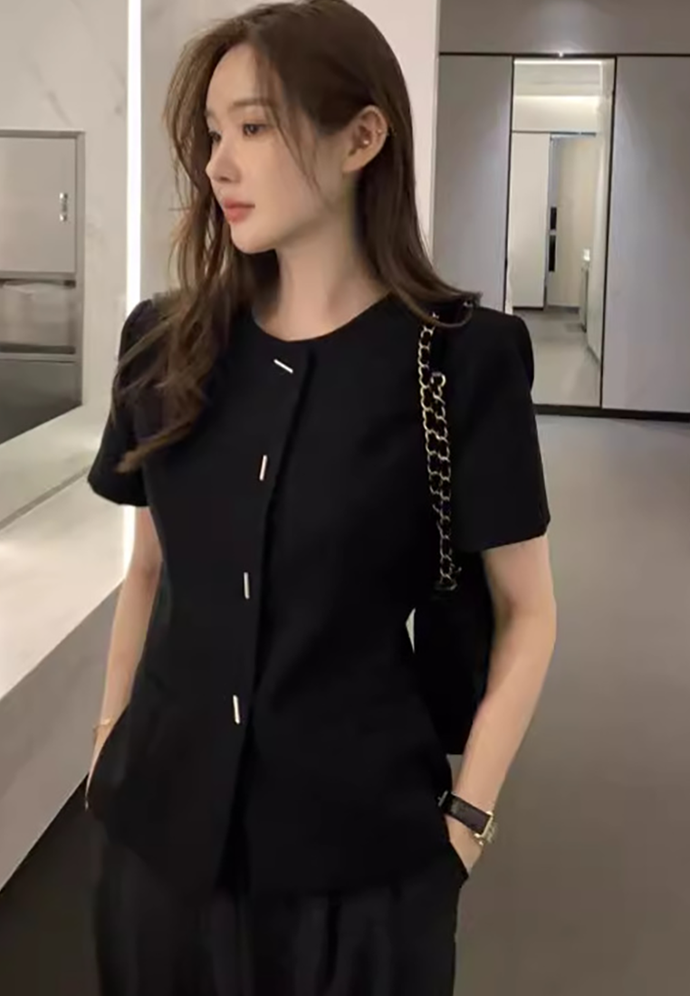 New summer retro French Chanel style tweed short-sleeved top CA25042902BK