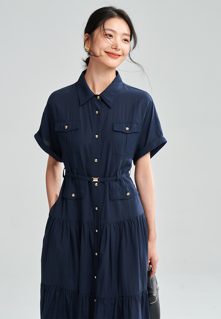 Summer New Style Notched Lapel Button-Up Short-Sleeve Shirt Dress CA25052902BL