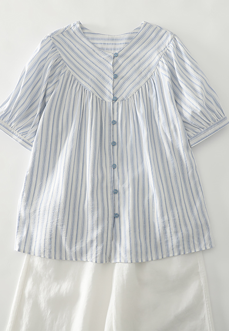 Summer striped jacquard casual round neck shirt CA25070902BL