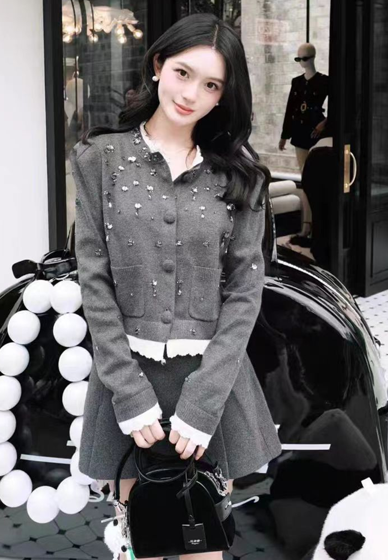 Elegant New Autumn Gray Knit Cardigan and Skirt CA25101603GY