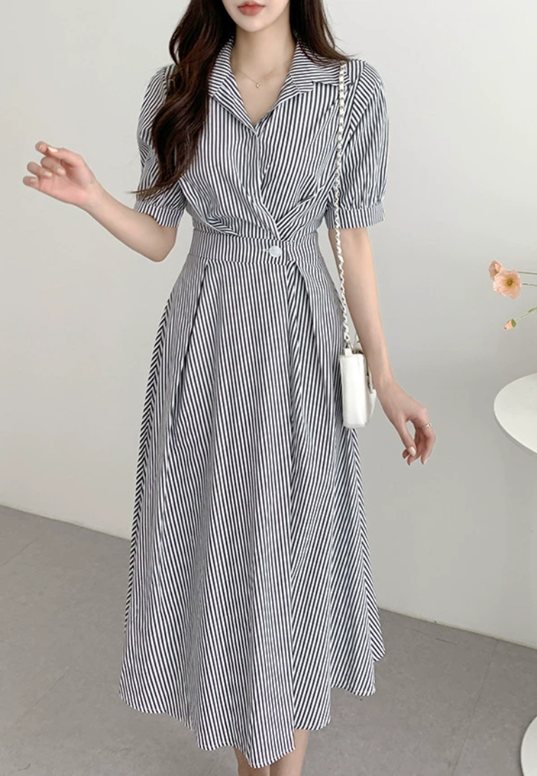 Summer style bubble sleeve striped dress CA25031902BK