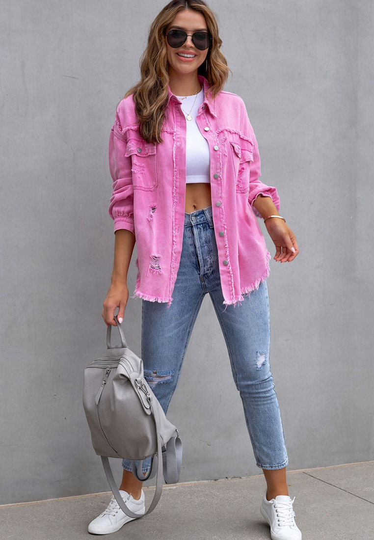 Euro-American Style Autumn/Winter Distressed Denim Jacket with Raw Hem CA25091502