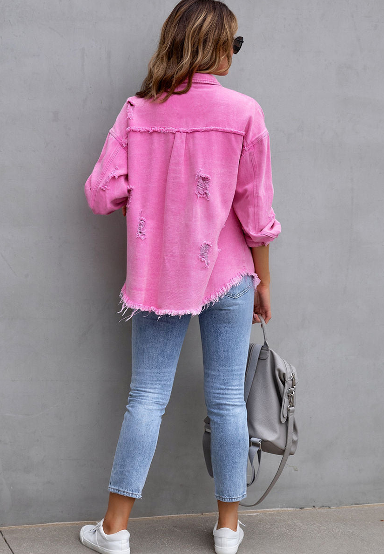 Euro-American Style Autumn/Winter Distressed Denim Jacket with Raw Hem CA25091502