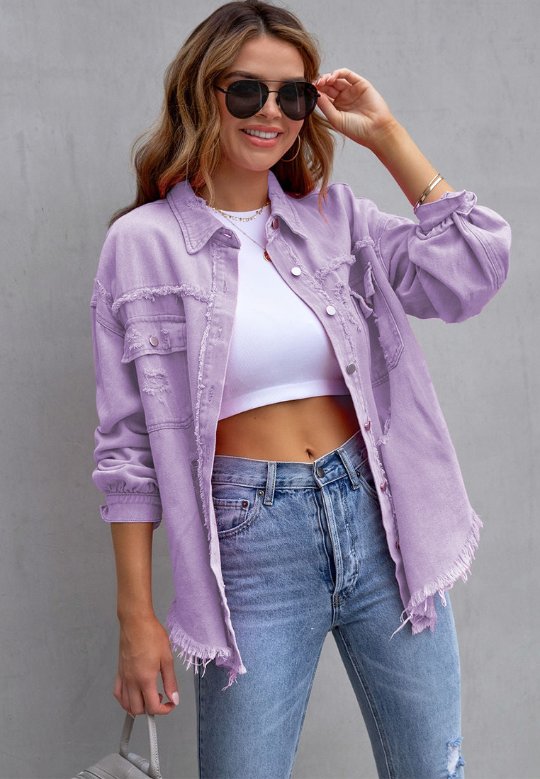 Euro-American Style Autumn/Winter Distressed Denim Jacket with Raw Hem CA25091502