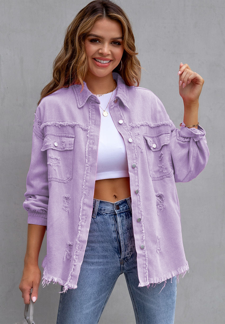 Euro-American Style Autumn/Winter Distressed Denim Jacket with Raw Hem CA25091502
