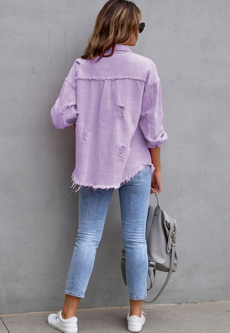 Euro-American Style Autumn/Winter Distressed Denim Jacket with Raw Hem CA25091502