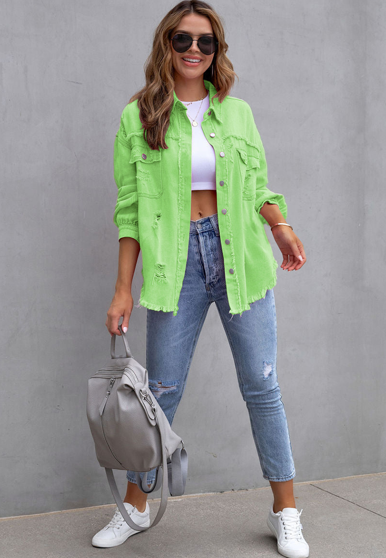 Euro-American Style Autumn/Winter Distressed Denim Jacket with Raw Hem CA25091502