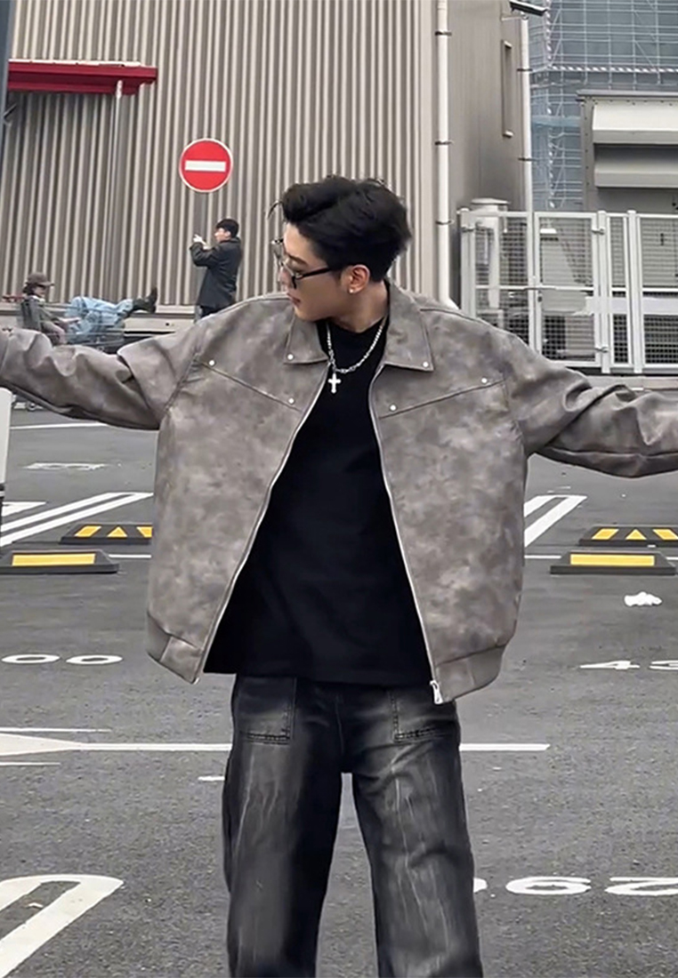 High end men's retro lapel leather jacket CA24101402GY