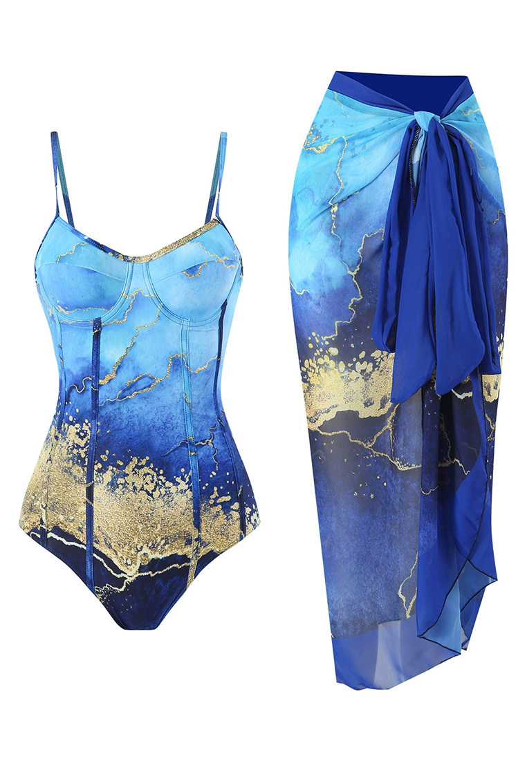 European and American Retro Printed Underwire Swimsuit & Dress CA25030502BL