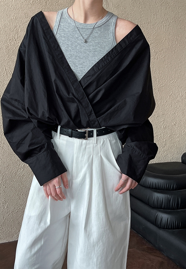 Spring off-shoulder shirt with knitted vest fake two-piece top CA25032702BK