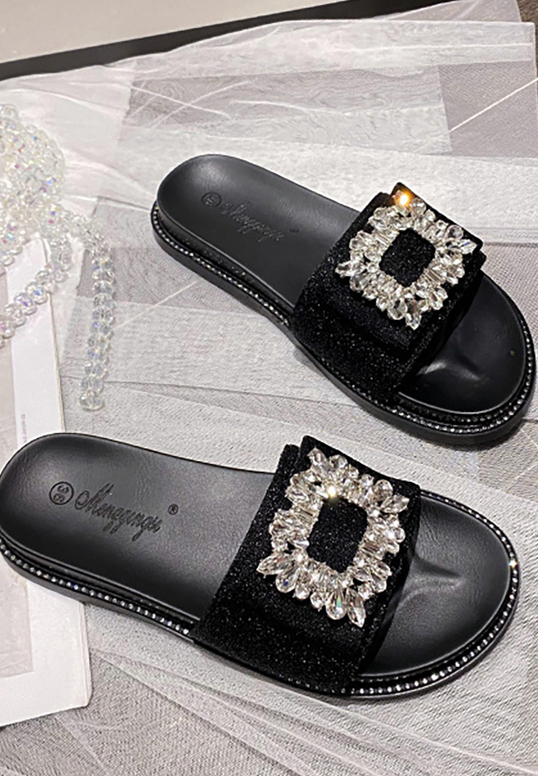 2025 Summer Bowknot Rhinestone Flat Strap Sandals CA25042302BK