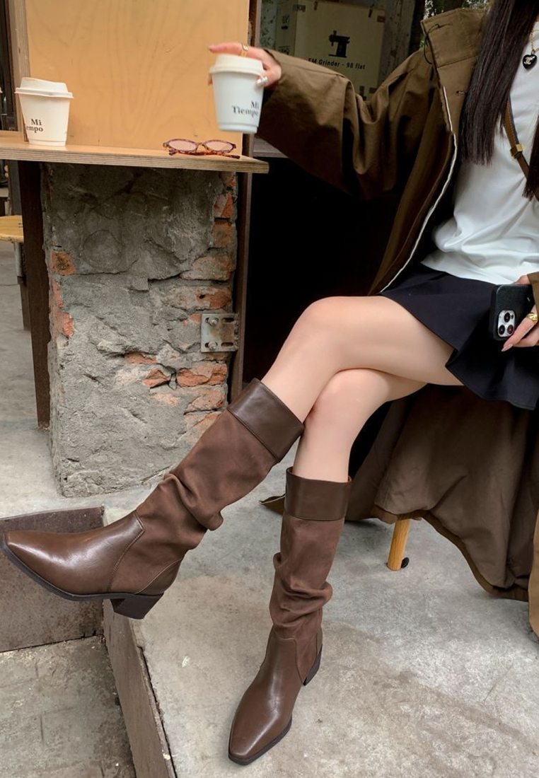 New square toe chunky heel retro long boots CA25090202BW