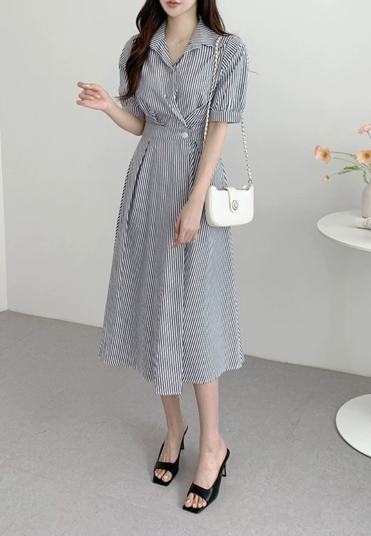 Summer style bubble sleeve striped dress CA25031902BK