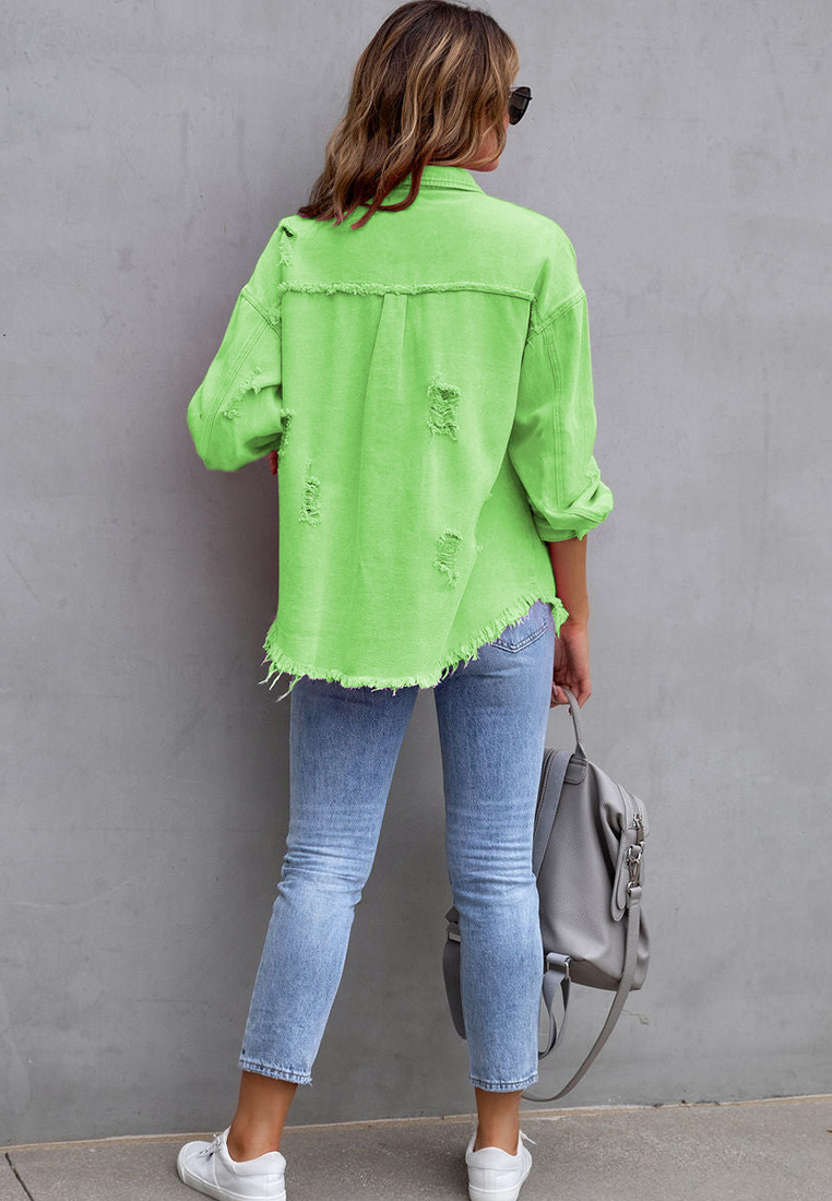 Euro-American Style Autumn/Winter Distressed Denim Jacket with Raw Hem CA25091502