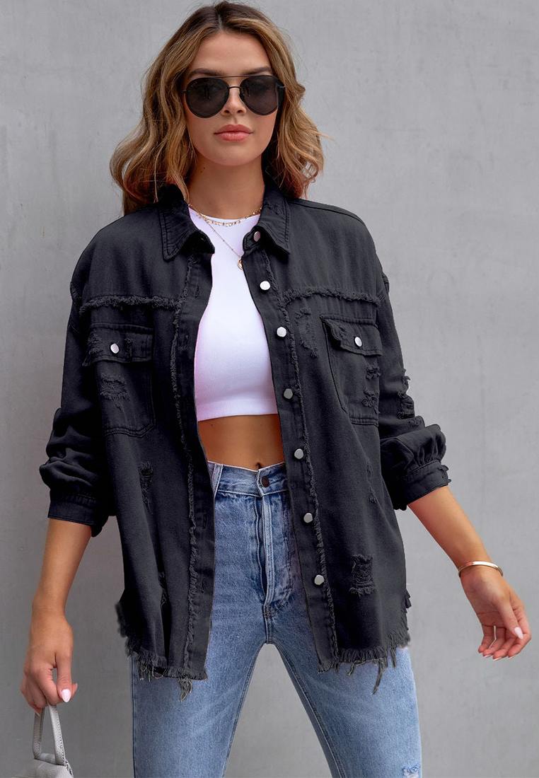 Euro-American Style Autumn/Winter Distressed Denim Jacket with Raw Hem CA25091502