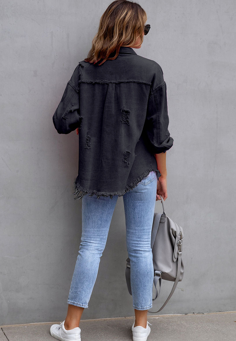 Euro-American Style Autumn/Winter Distressed Denim Jacket with Raw Hem CA25091502