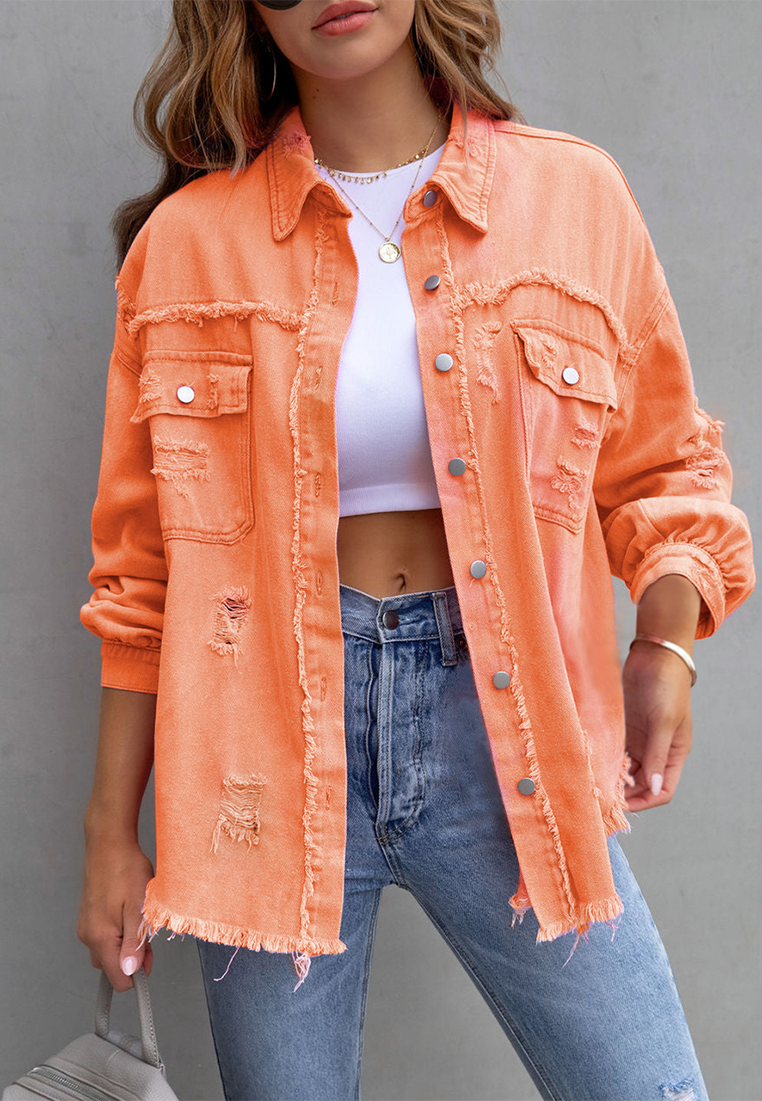 Euro-American Style Autumn/Winter Distressed Denim Jacket with Raw Hem CA25091502