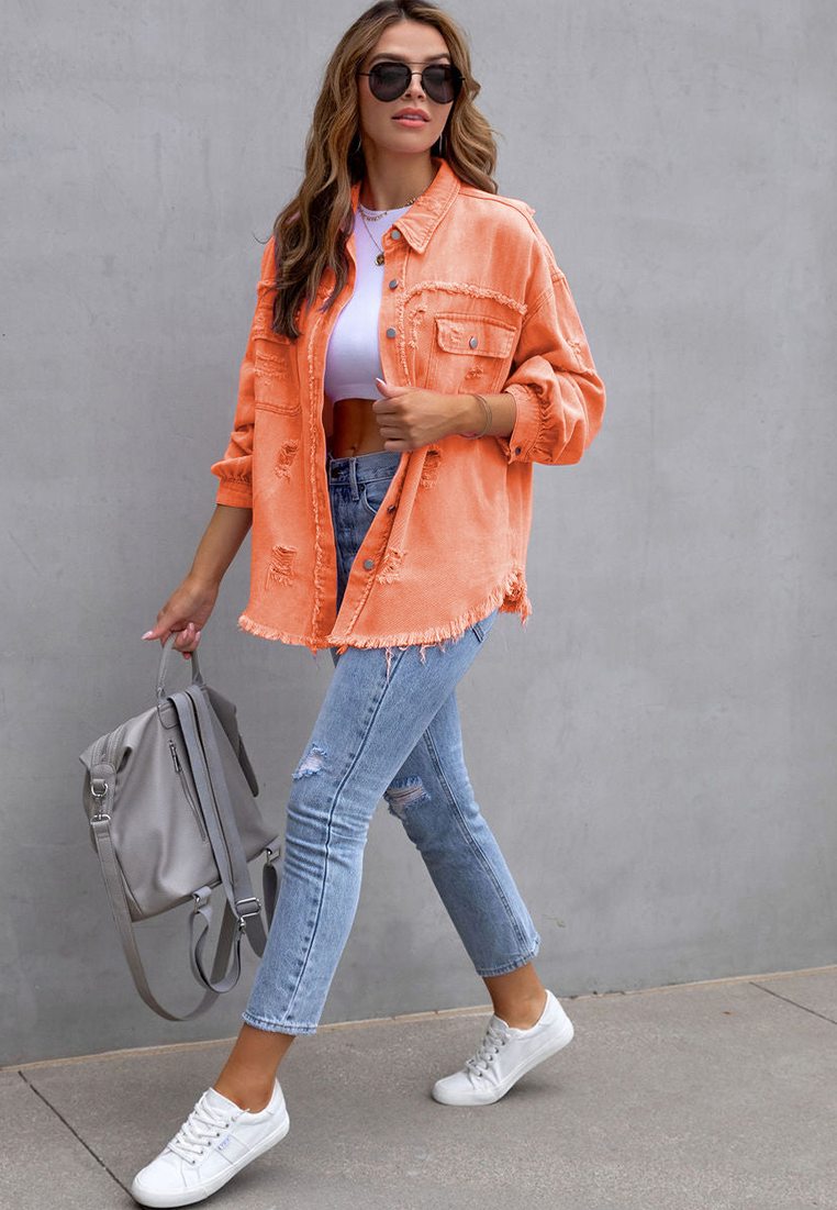 Euro-American Style Autumn/Winter Distressed Denim Jacket with Raw Hem CA25091502