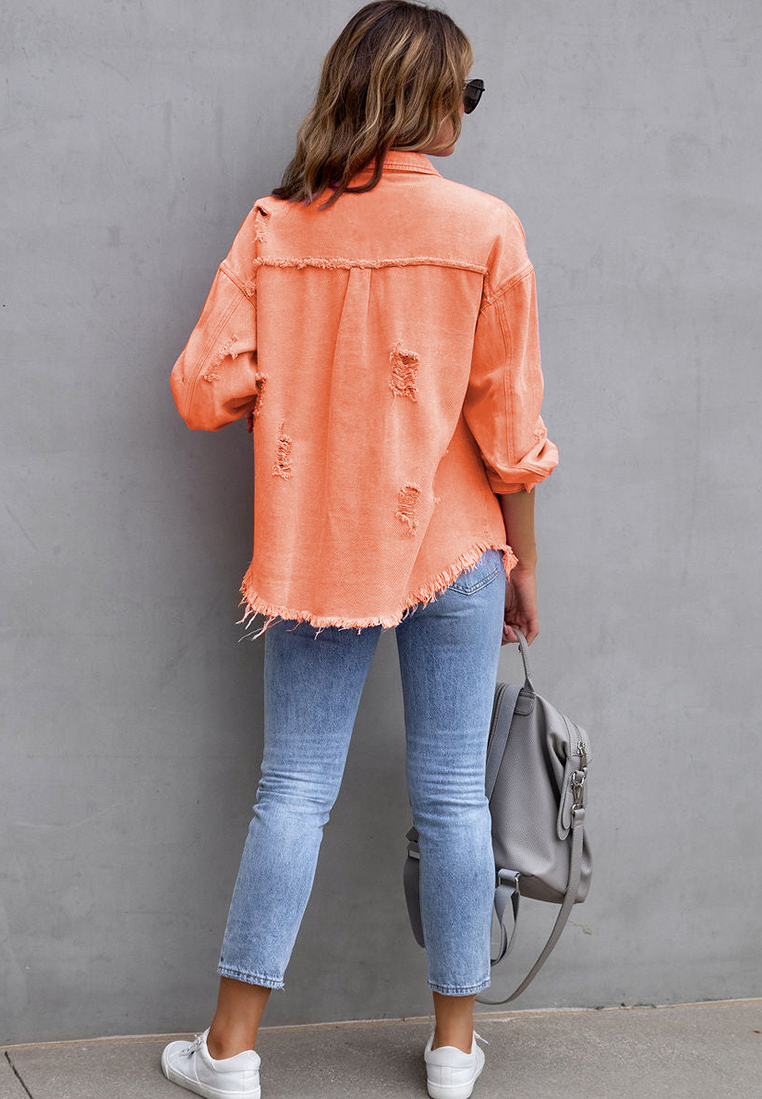 Euro-American Style Autumn/Winter Distressed Denim Jacket with Raw Hem CA25091502