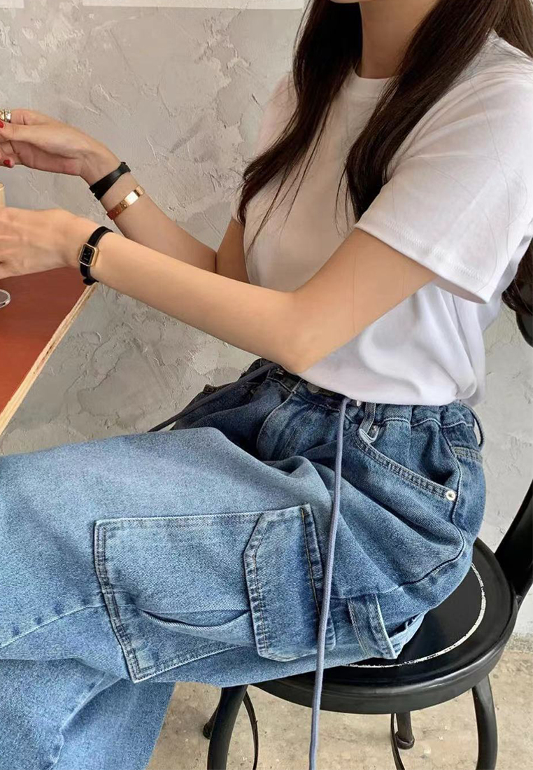 2024 Korean drawstring large pockets unisex workwear denim wide-leg pants CA24062002