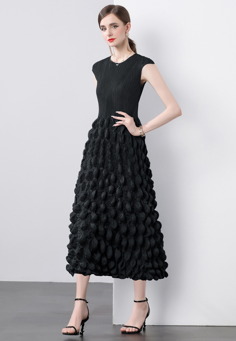 Handmade pleated shoulder wrapped bubble dress CA241128102GR