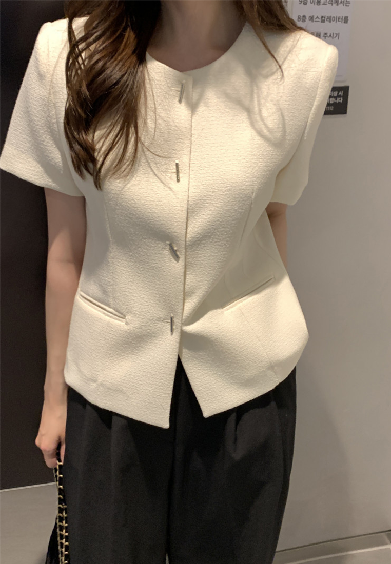 New summer retro French Chanel style tweed short-sleeved top CA25042902BK