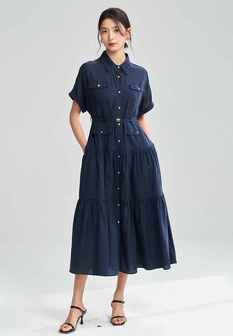 Summer New Style Notched Lapel Button-Up Short-Sleeve Shirt Dress CA25052902BL