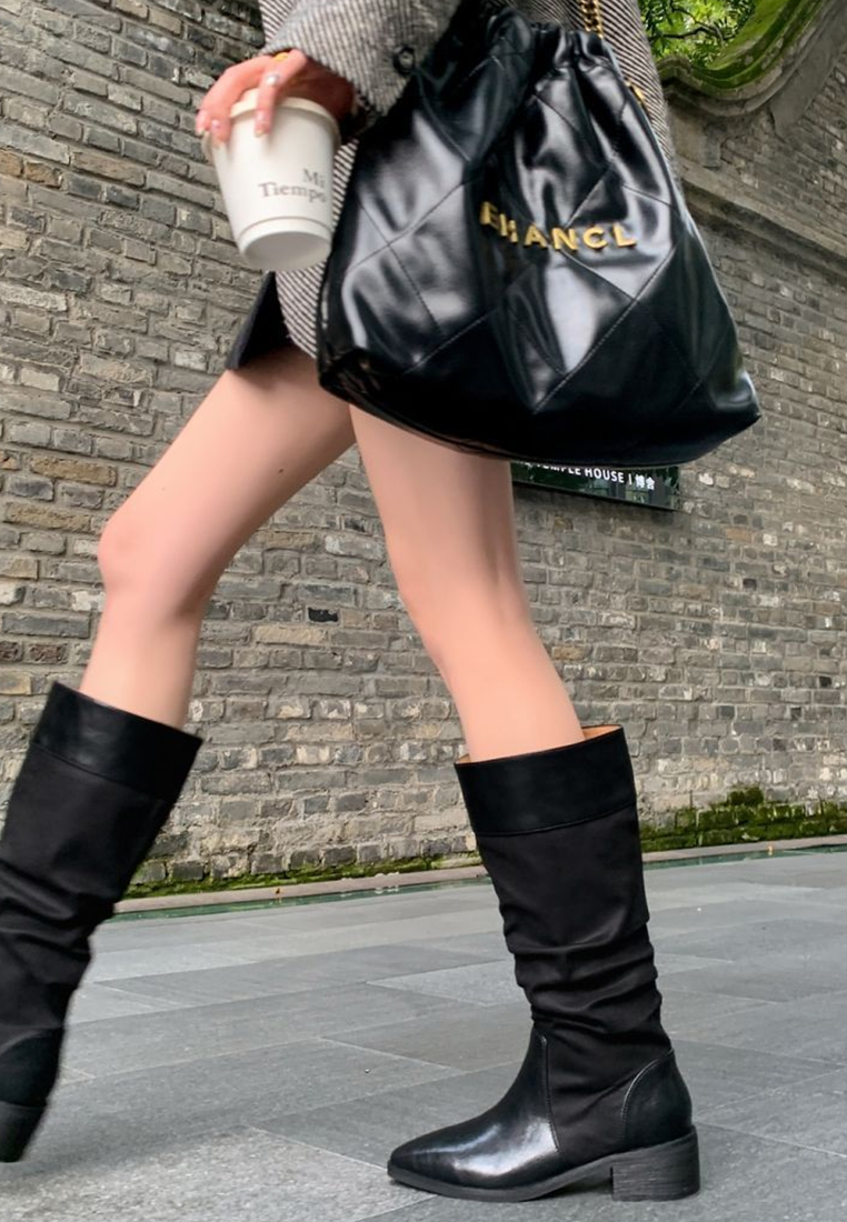 New square toe chunky heel retro long boots CA25090202BW