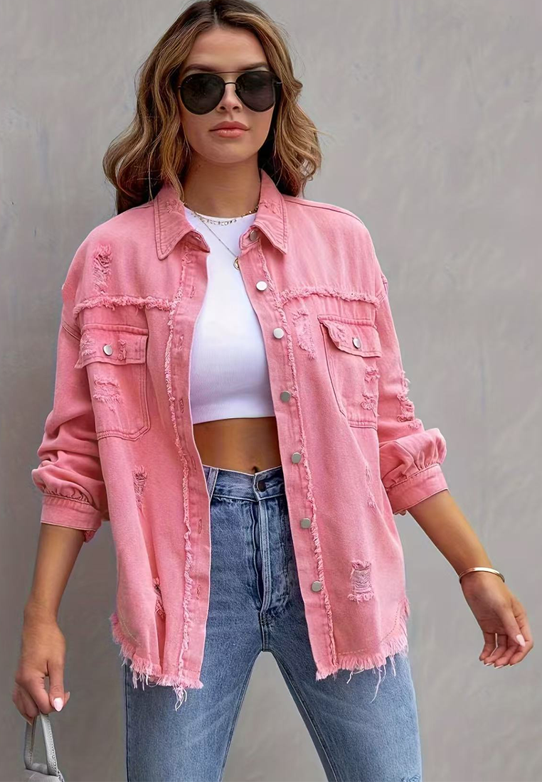 Euro-American Style Autumn/Winter Distressed Denim Jacket with Raw Hem CA25091502