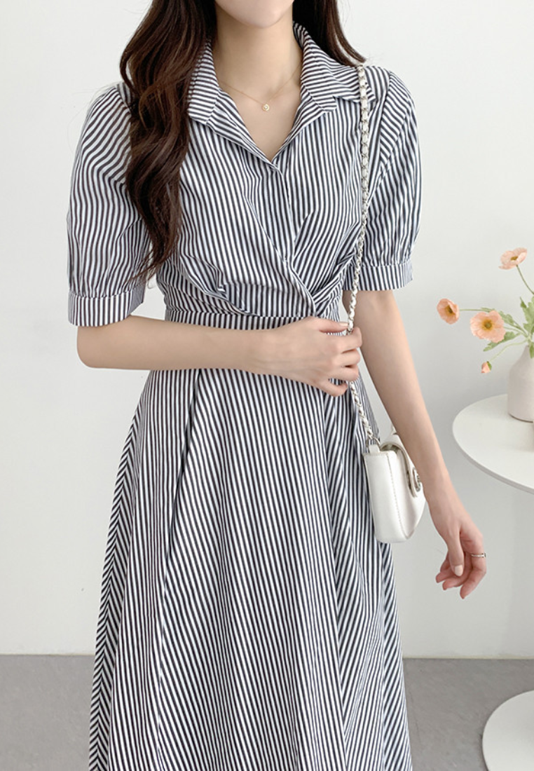Summer style bubble sleeve striped dress CA25031902BK