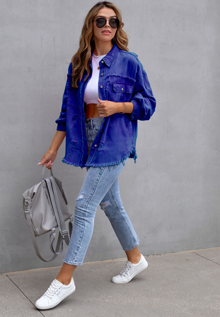 Euro-American Style Autumn/Winter Distressed Denim Jacket with Raw Hem CA25091502