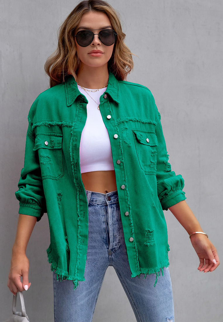 Euro-American Style Autumn/Winter Distressed Denim Jacket with Raw Hem CA25091502