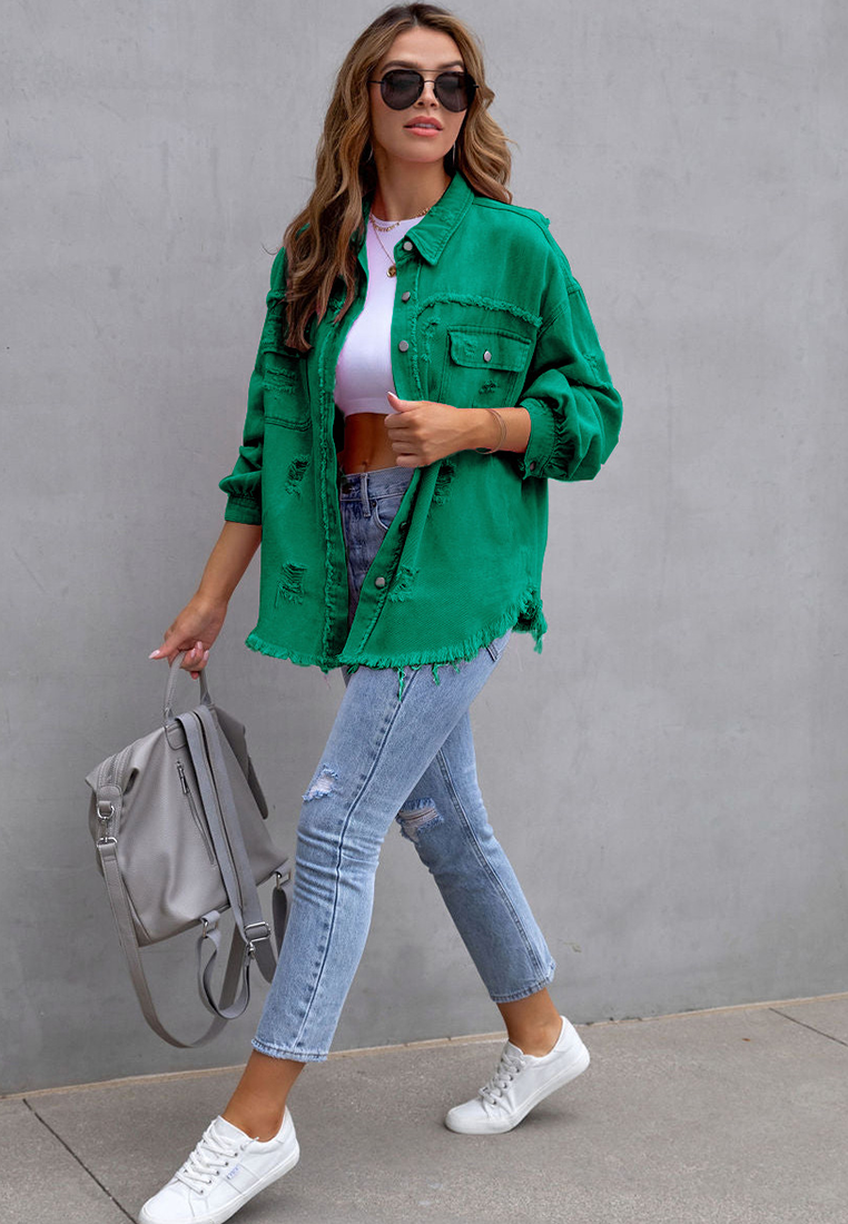 Euro-American Style Autumn/Winter Distressed Denim Jacket with Raw Hem CA25091502