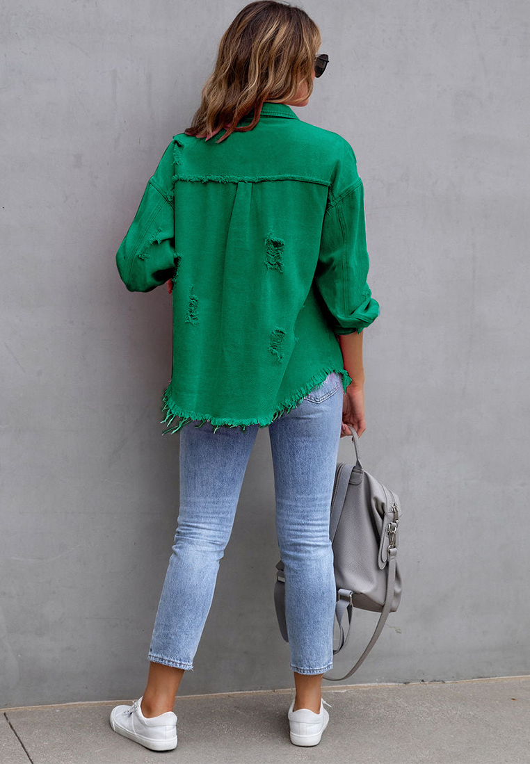 Euro-American Style Autumn/Winter Distressed Denim Jacket with Raw Hem CA25091502