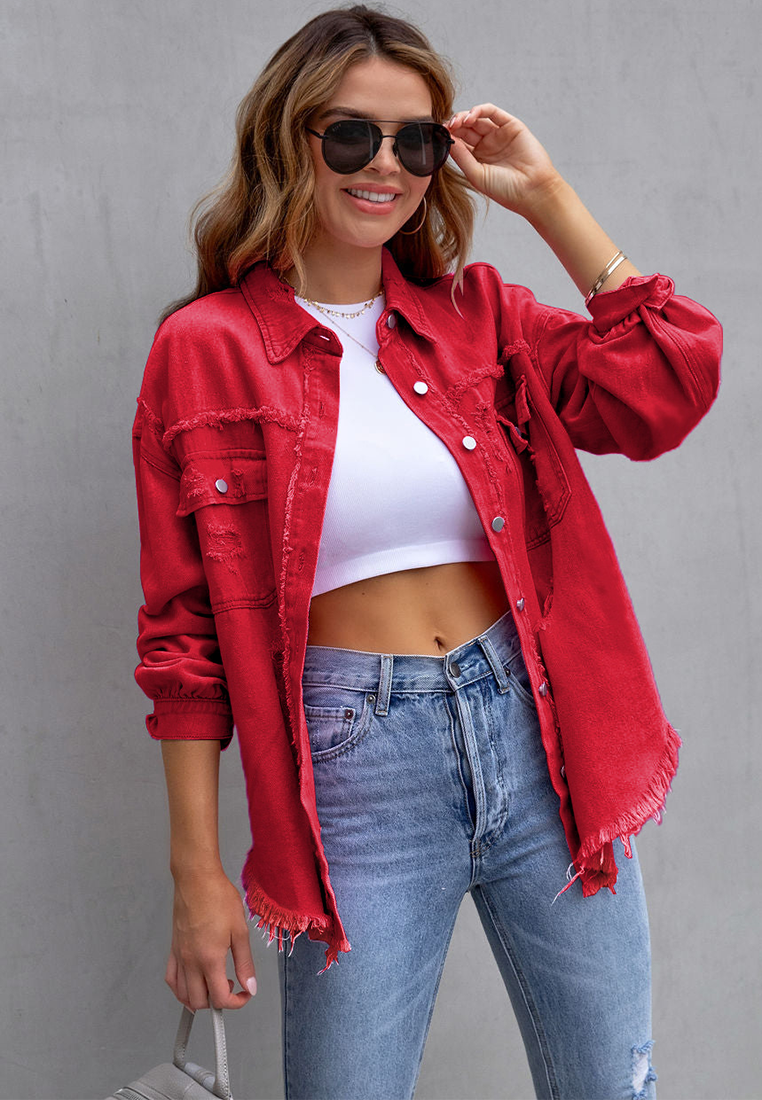 Euro-American Style Autumn/Winter Distressed Denim Jacket with Raw Hem CA25091502