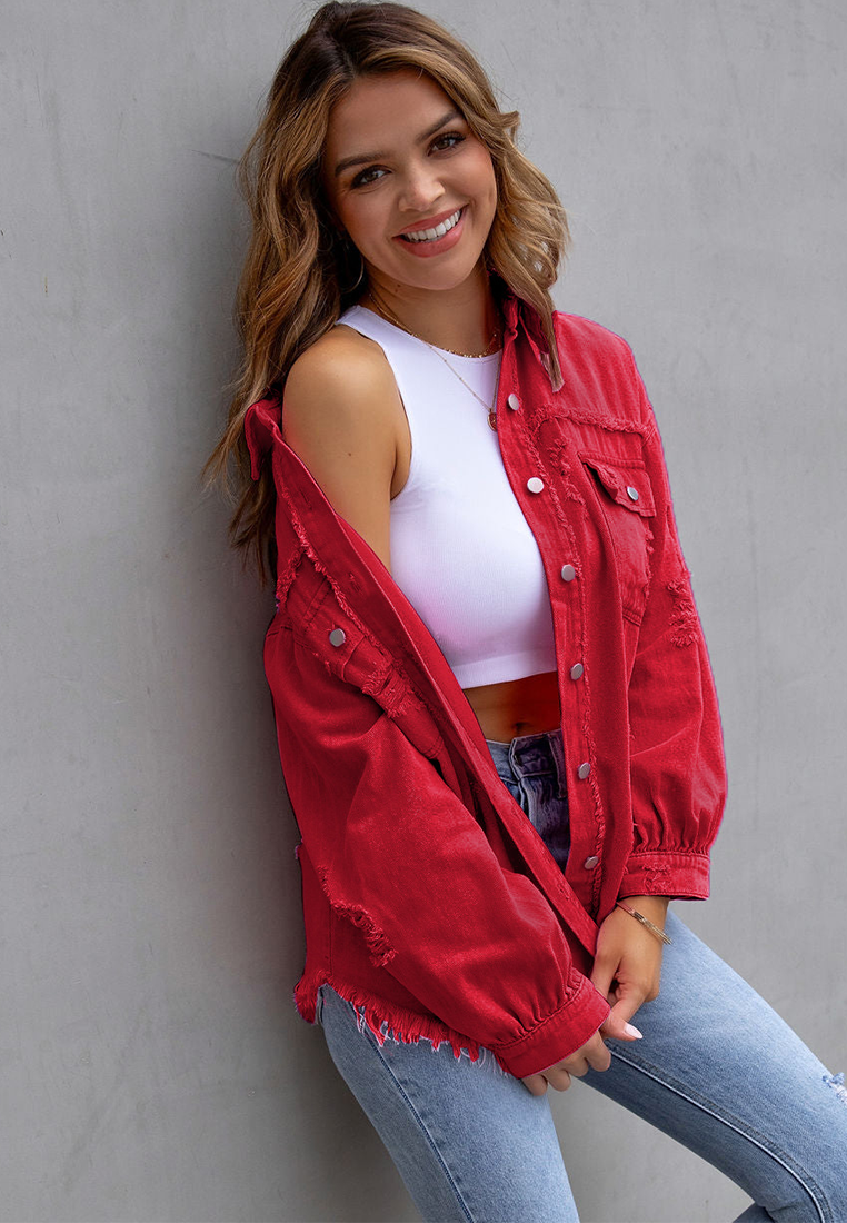 Euro-American Style Autumn/Winter Distressed Denim Jacket with Raw Hem CA25091502