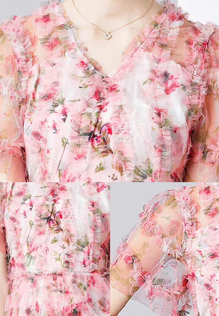 2024 Summer Women's V-neck Pink Printed Dress CA24032602PI