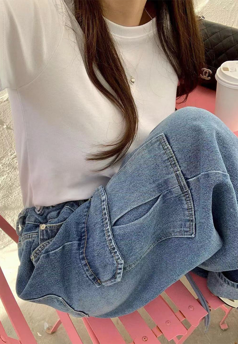 2024 Korean drawstring large pockets unisex workwear denim wide-leg pants CA24062002