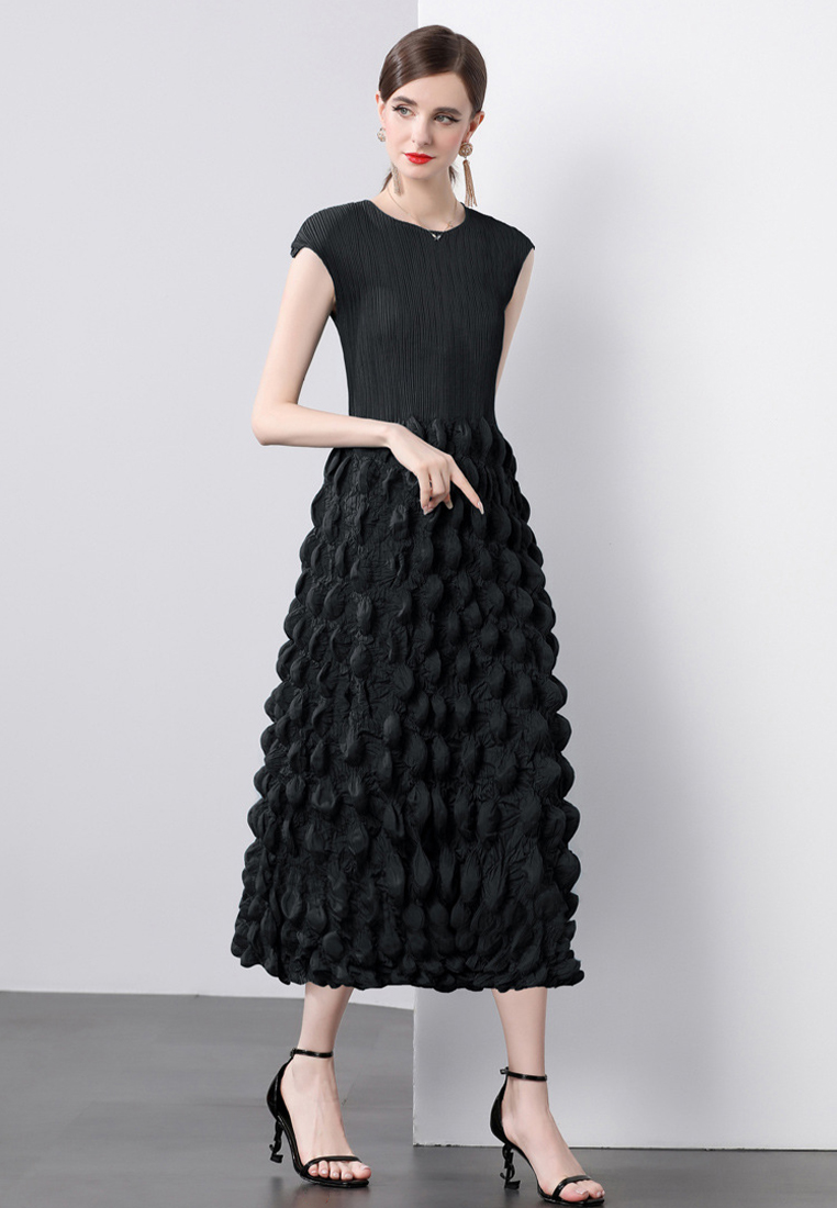 Handmade pleated shoulder wrapped bubble dress CA241128102GR