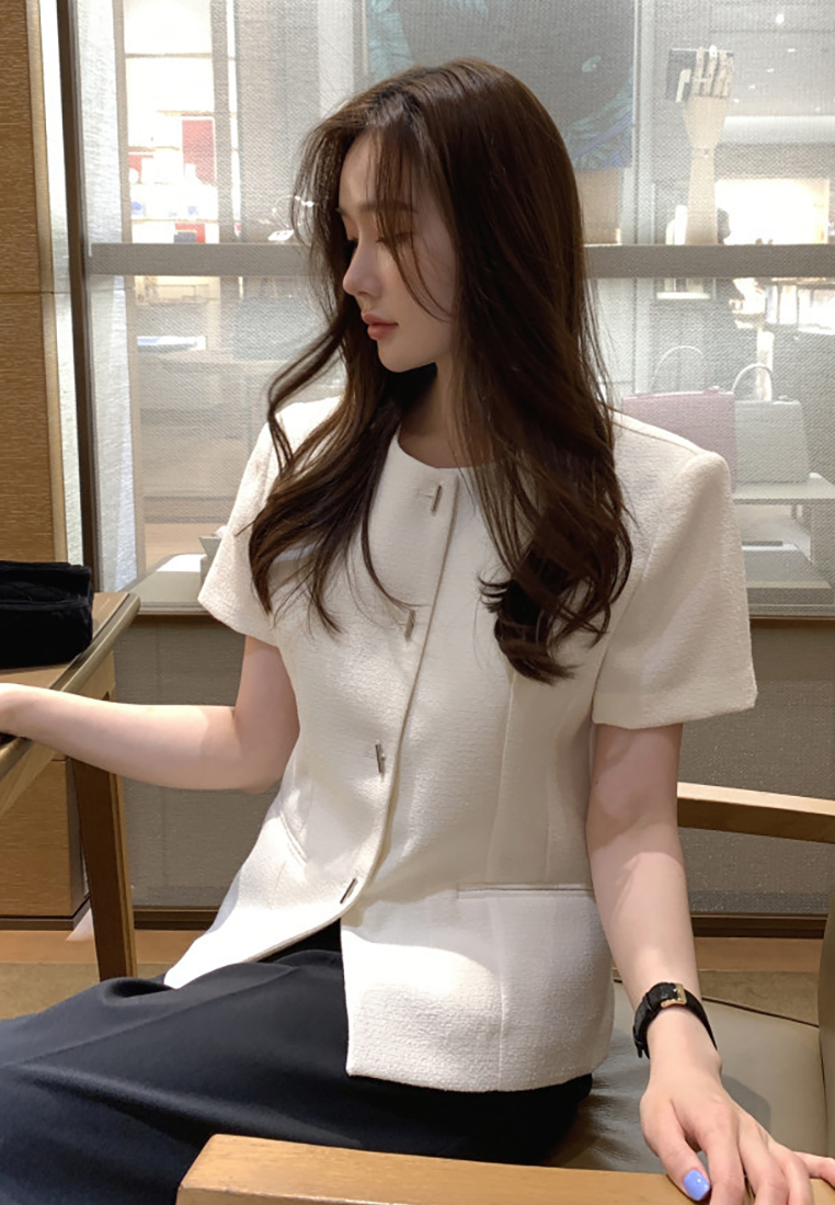 New summer retro French Chanel style tweed short-sleeved top CA25042902BK