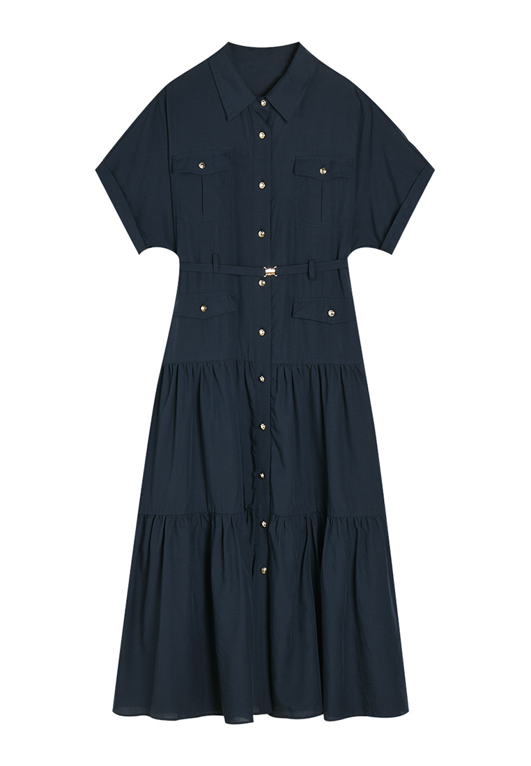 Summer New Style Notched Lapel Button-Up Short-Sleeve Shirt Dress CA25052902BL