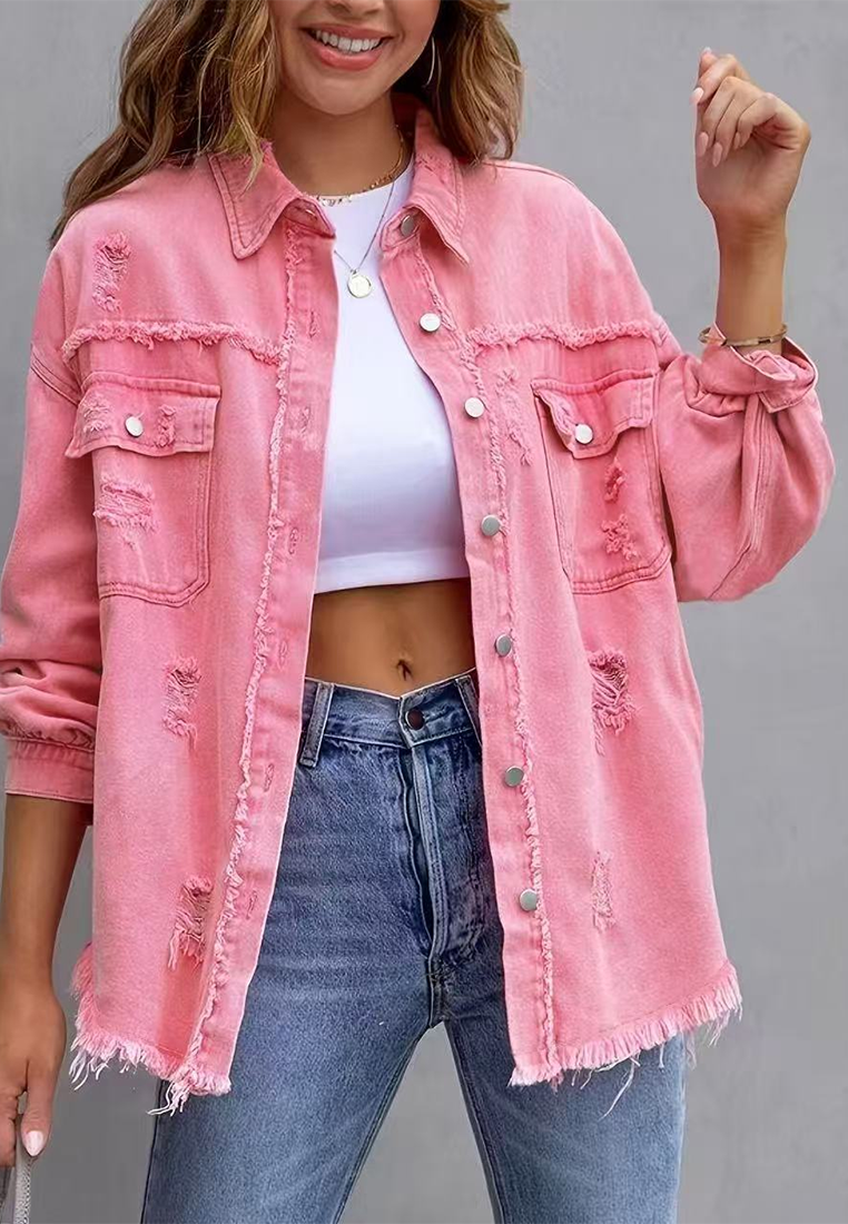 Euro-American Style Autumn/Winter Distressed Denim Jacket with Raw Hem CA25091502