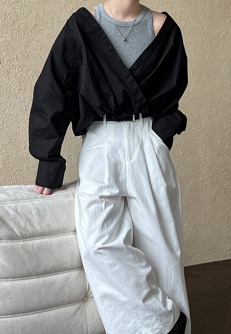 Spring off-shoulder shirt with knitted vest fake two-piece top CA25032702BK