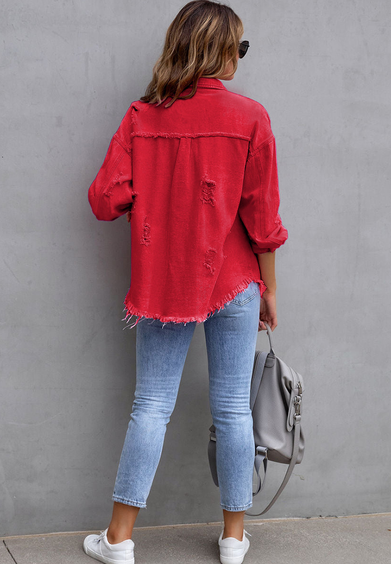 Euro-American Style Autumn/Winter Distressed Denim Jacket with Raw Hem CA25091502