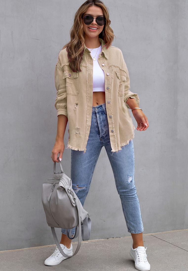 Euro-American Style Autumn/Winter Distressed Denim Jacket with Raw Hem CA25091502