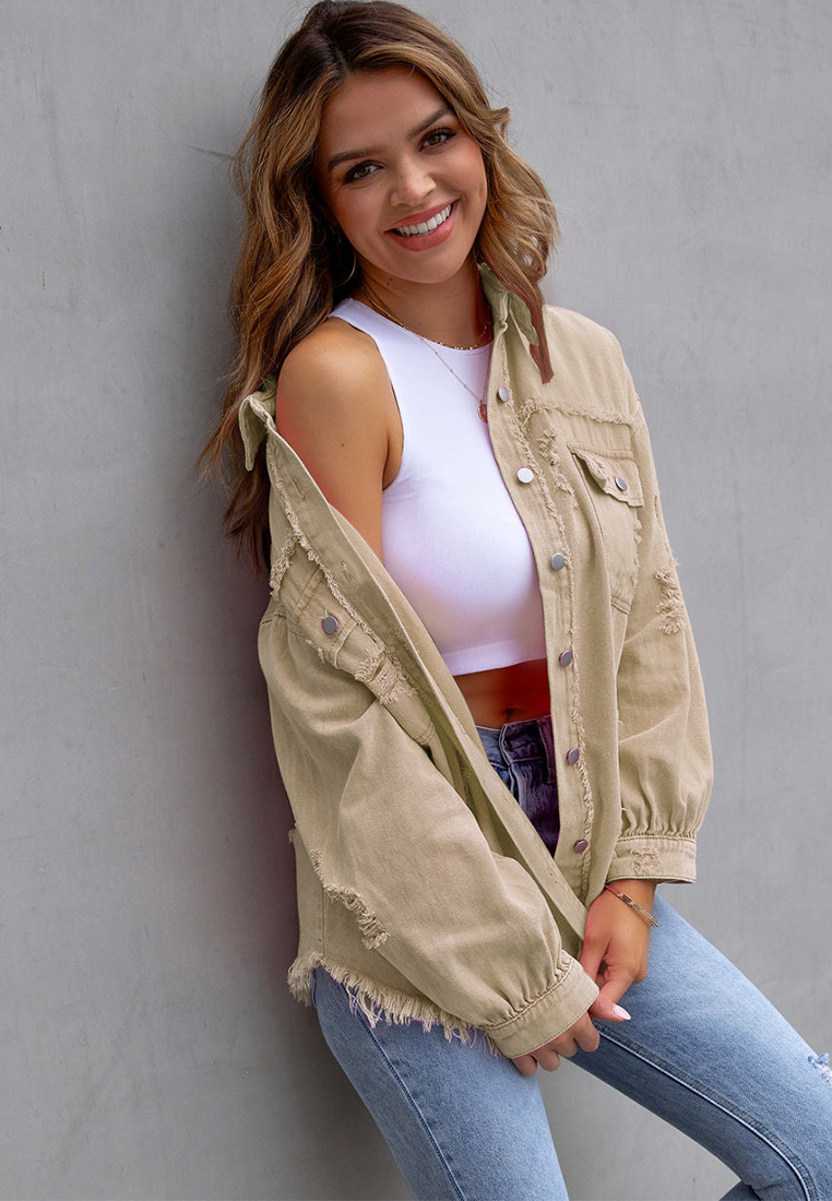 Euro-American Style Autumn/Winter Distressed Denim Jacket with Raw Hem CA25091502