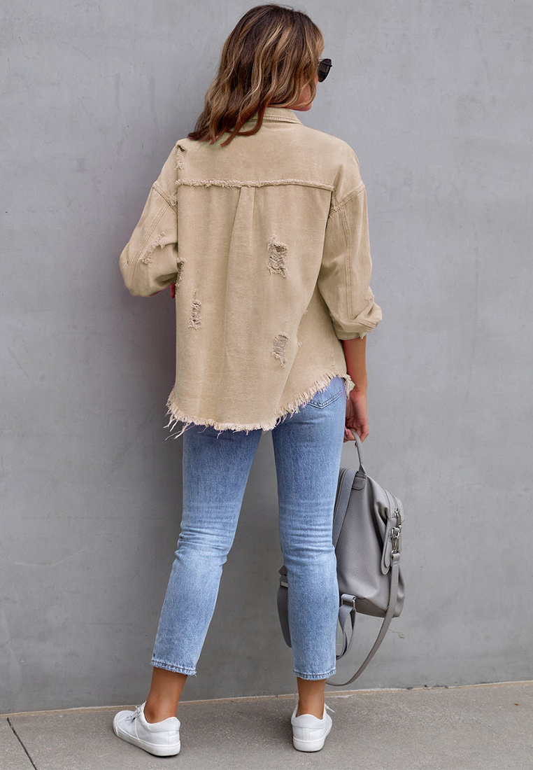 Euro-American Style Autumn/Winter Distressed Denim Jacket with Raw Hem CA25091502