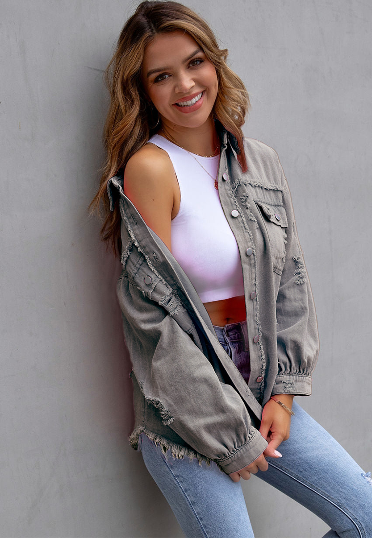 Euro-American Style Autumn/Winter Distressed Denim Jacket with Raw Hem CA25091502