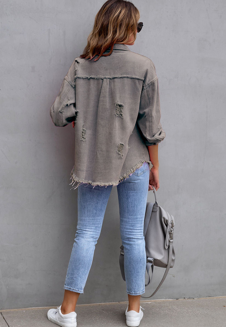 Euro-American Style Autumn/Winter Distressed Denim Jacket with Raw Hem CA25091502