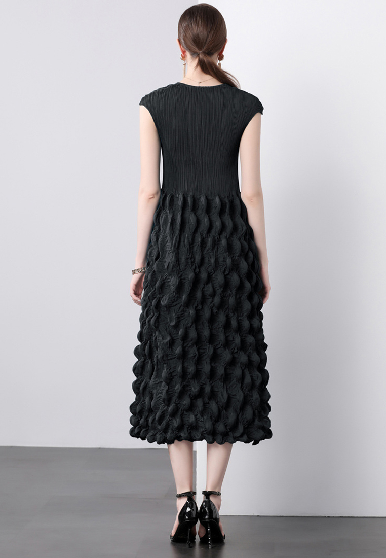 Handmade pleated shoulder wrapped bubble dress CA241128102GR